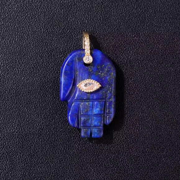 Hamsa Fatima Hand Lapis Lazuli Natural Stone Pendant Charm - Picture 1 of 6